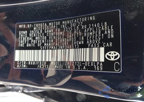 2022 Toyota Corolla Le из США, поврежденный, VIN 5YFEPMAE3NP346513